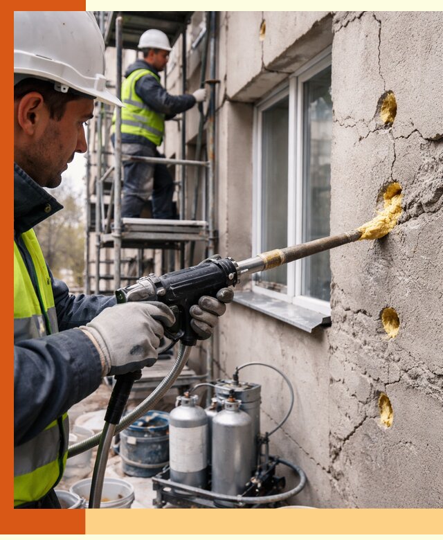 Заполнение пустот в фасаде и утепление стен в Шатуре